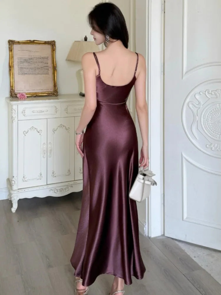 LBSFY -Summer Spring Satin Womens Dresses Sexy Spaghetti Strap V-neck Evening Party Long Dress Slim Waist Vestidos Robe Female Clothes