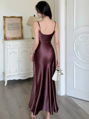 LBSFY -Summer Spring Satin Womens Dresses Sexy Spaghetti Strap V-neck Evening Party Long Dress Slim Waist Vestidos Robe Female Clothes