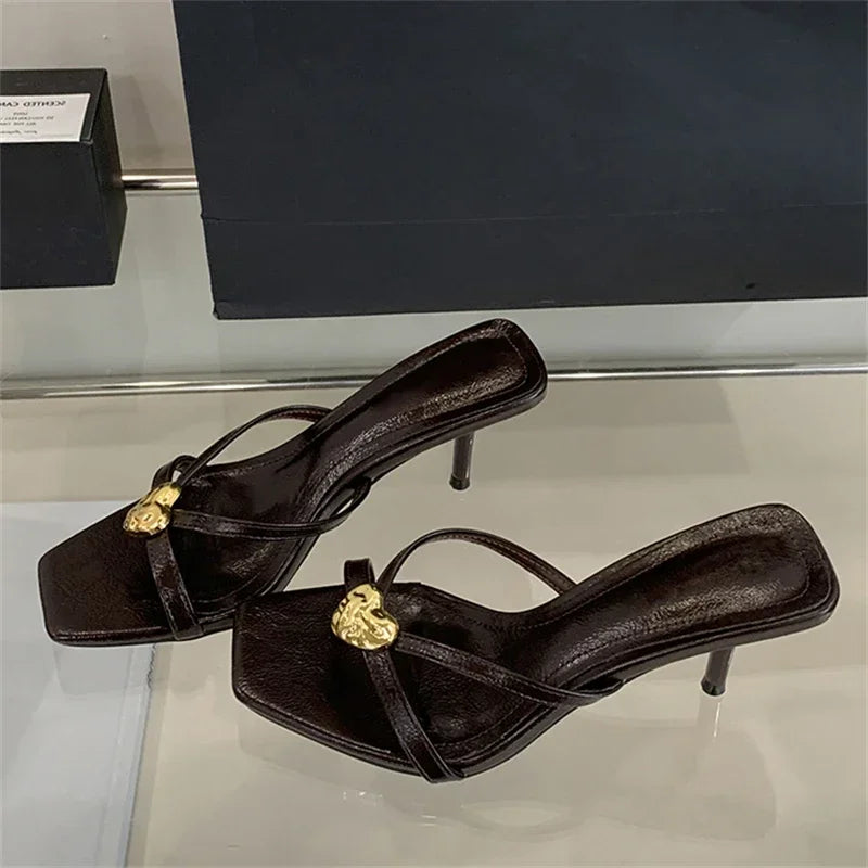 LBSFY -Summer Fashion Square Toe Women Slippers Narrow Band Sandals Thin Low Heels Party Female Slide Shoes Zapatos De Mujer