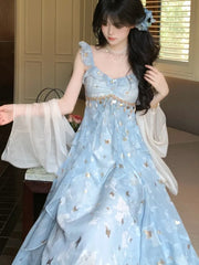 LBSFY -Summer French Fairy Print Long Dresses Women Fashion Ruffles Elegant A-Line Birthday Party Vestido Female One Piece Clothes New