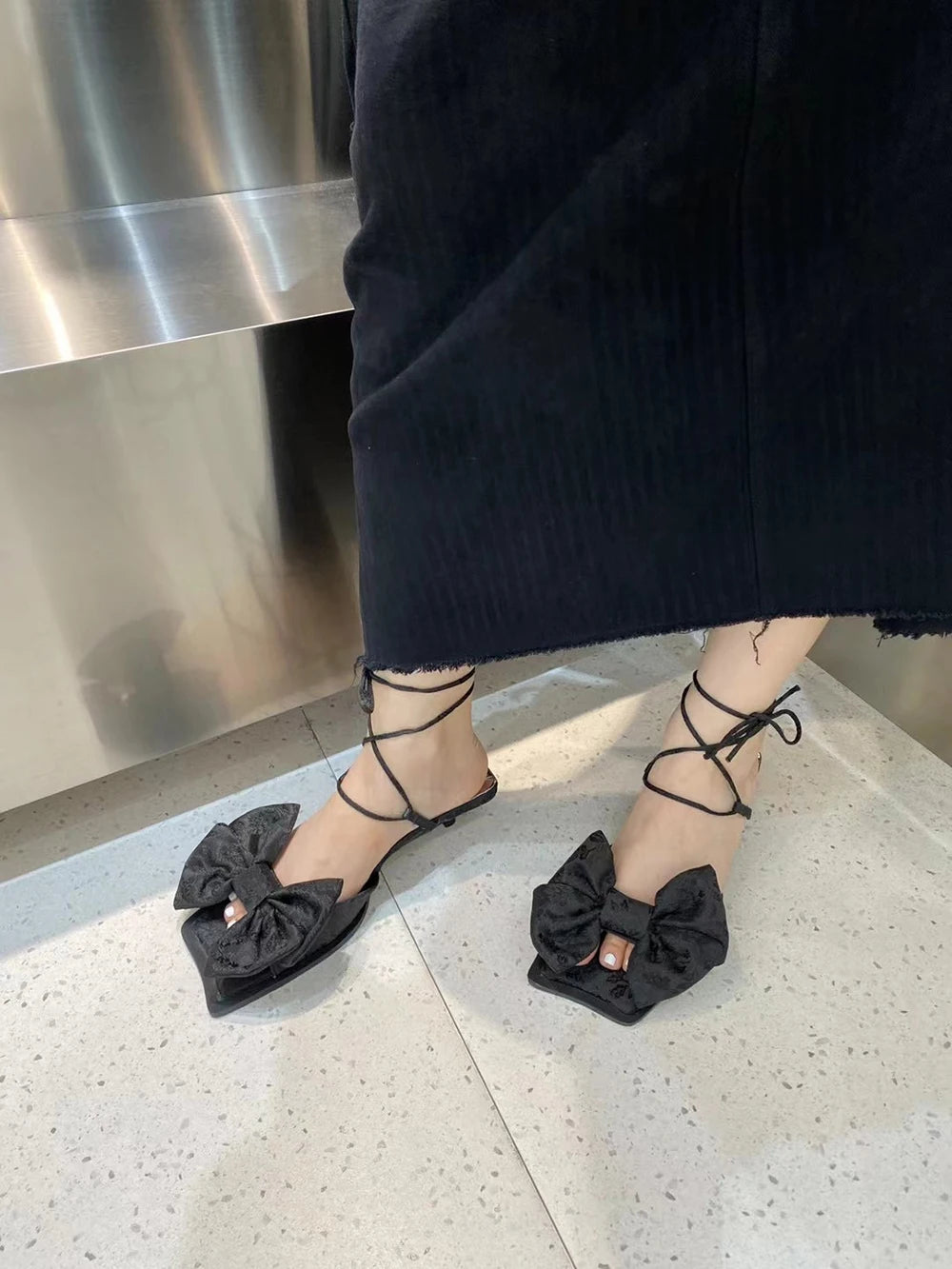 LBSFY  -  Fashion Women Sandals Bow Design Summer Dress Shoes Thin Mid Heels Black Leopard Cross Tied Lace Up Sexy Party Pumps Shoes Woman