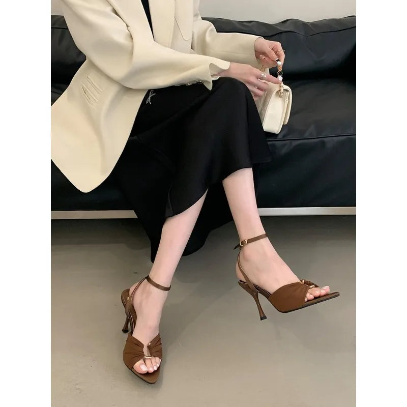 LBSFY -Summer Pointed Toe Thin High Heels Fashion Pleated Metal Buckle Strap Women Sandals Banquet Party Female Mules Shoes