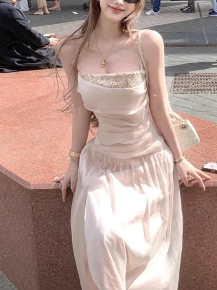 LBSFY -Summer Elegant Vintage Sequin Women's Sling Dresses Pleated Spaghetti Strap Sleeveless Midi Dress Party Holiday New Vestidos