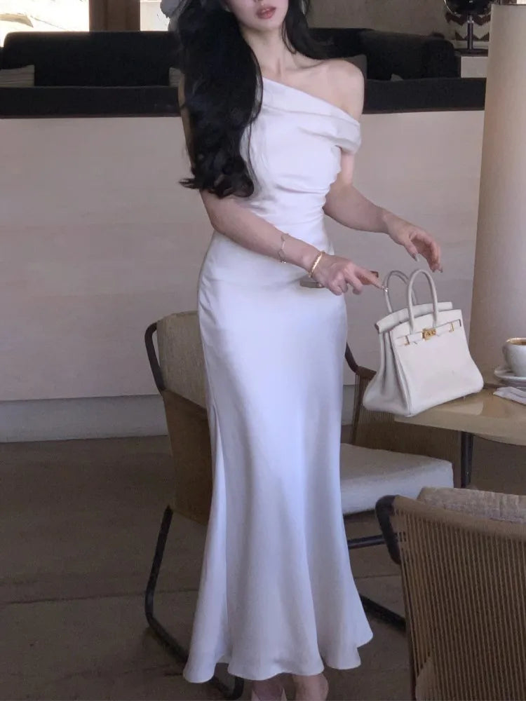 LBSFY -Elegant French Chic Satin Women's Dresses Solid Pleated Slim Waist Inclined Shoulder Mermaid Dress 2025 New Summer Evening Party
