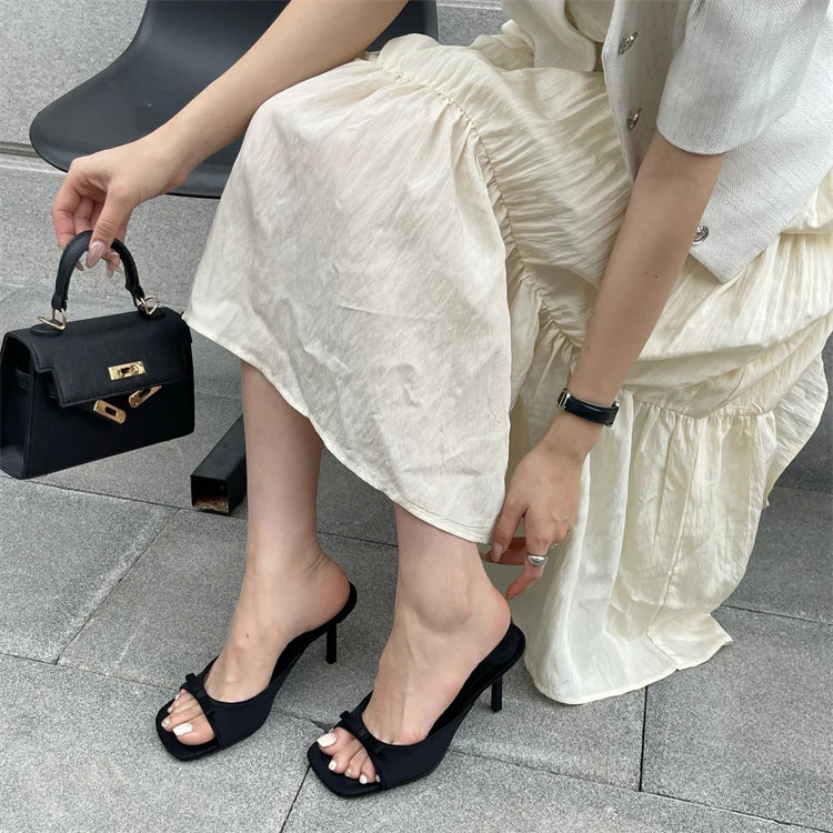 LBSFY -Summer Fashion Butterfly-knot Satin Women Slipper Slip On Ladies Sandal Thin High Heel Outdoor Dress Slides Shoes