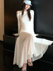 LBSFY -Sexy Vintage Elastic Women's Party Dresses 2025 Spring Autumn Long Sleeve Chic Irregular Slim Waist Slash-Neck Dress Prom Robe