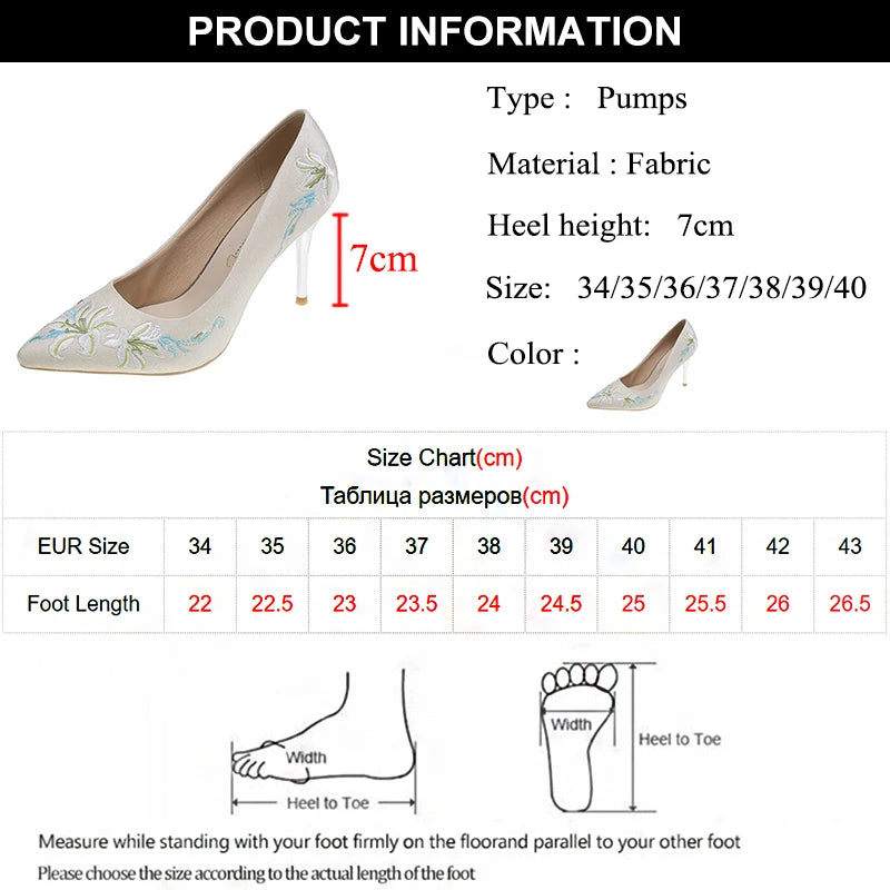 LBSFY  -  Slip-On Embroidery Thin Heel Pumps Women 2025 New Fashion Floral High Heels Shoes Woman Pointed Toe Embroider Party Shoes Ladies