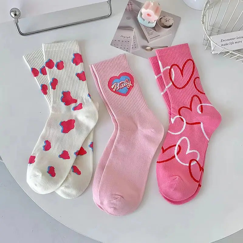 Lbsfy Women's Socks Love Print Pink White Kawaii Harajuku Streetwear Skateboard Cute Fashion Sports Socks Girls Gift Calcetines Mujer