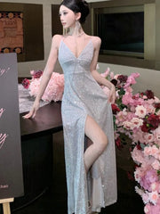 LBSFY -Elegant Backless V-Neck Split Party Dress Sexy Slim Luxury Gown Evening Dresses Fashion Robe Birthday Party Autumn Spring New