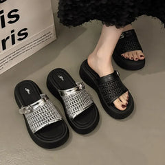 LBSFY -Women's Thick Bottom Woven Hollow Summer Sandals Fashionable Beach Slippers Rubber Sole Polyurethane Upper And Liner