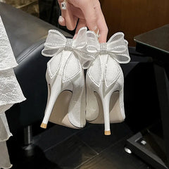LBSFY  -  Size 33-42 White Wedding Shoes Women Lace Mesh High Heels Stiletto Thin Heel Wedding Bride Shoes Bow Dress Shoes