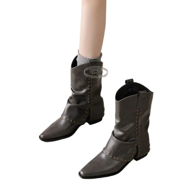 LBSFY -New Style Luxury Women's Cowgirl Boots Fashion Slip on Ladies Elegant Square Heel Long Pipe Boots Shoes Retro Zapatos Mujer