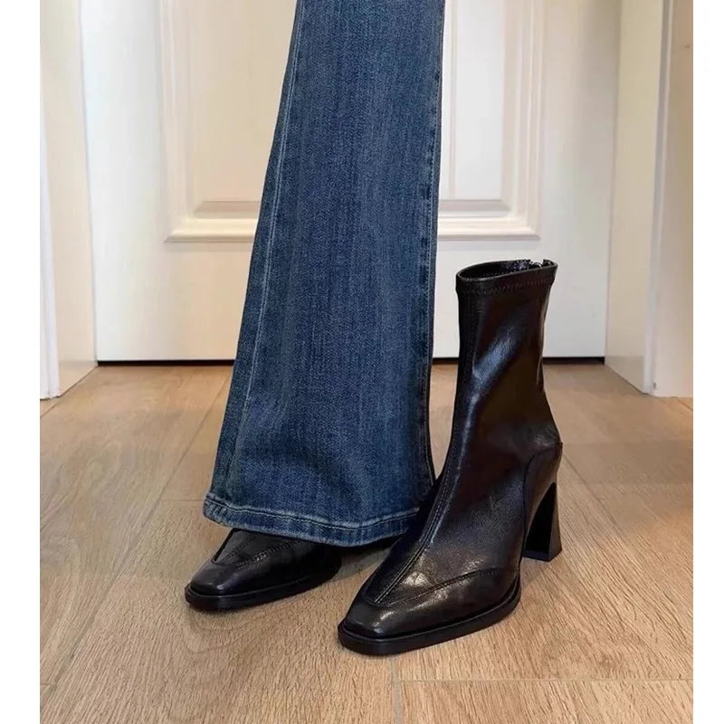 LBSFY -2025 Vintage High Heel Women Ankle Boots Fashion Square Toe Short Booties Autumn Winter Ladies Shoes Botas Mujer