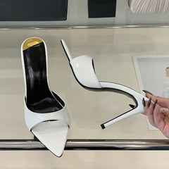 LBSFY -Summer White Patent Leather Women Slippers Sandals Sexy Leopard Print Pointed Toe Mules High Heels Party Stripper Shoes