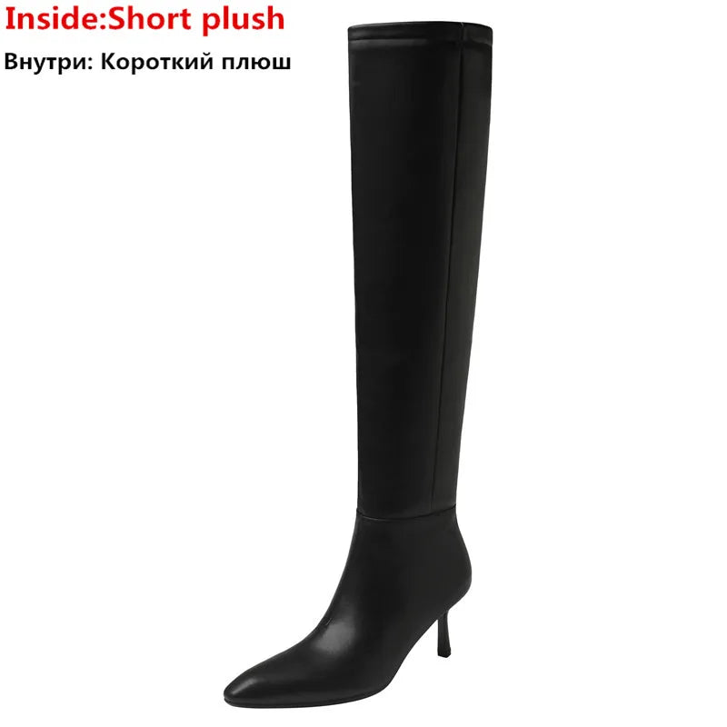 LBSFY  -  2024 New Fashion Slip On Over The Knee Boots Pleated Genuine Leather Boots For Women Thin High Heels Winter Boots