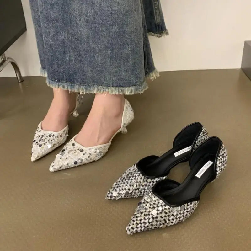 LBSFY  -  2024 Spring Glitter Pointed Toe Pumps Women Fashion Thin Heel Shallow Shoes Female Bling Sequin Material Elegant Footwear