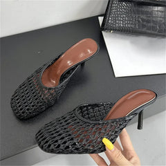 LBSFY -Summer Hollow Out Breathable Mesh Weaving Women Slippers Fashion Thin Heels Party Dress Mule Shoes Large Size 43