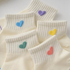 Lbsfy 5 Pairs Cotton Women Socks Pack White Spring Summer Autumn Love Print Low Tube Short Cute Kawaii Harajuku Striped Sock Set Girls