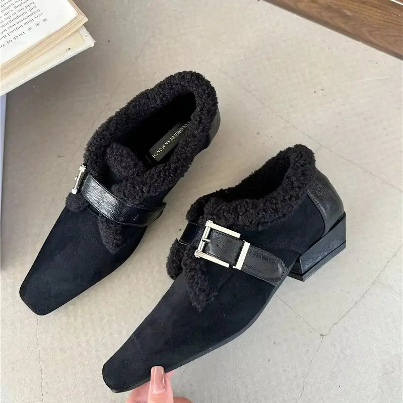 LBSFY  -  Fur Pointed Toe Women Flats Leather Elegant Buckle Flats Shoes 2025 Trend Fashion Designer Dress Loafers Shoes  Winter