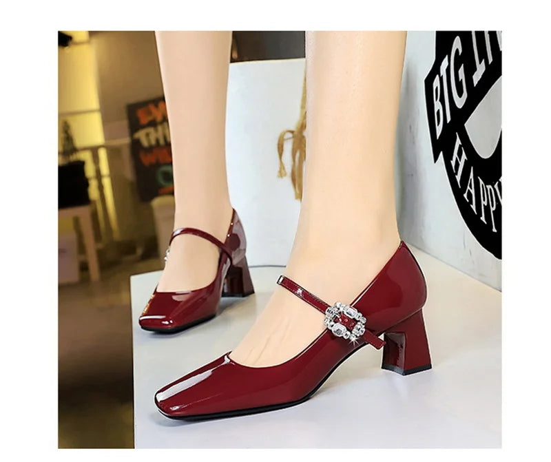 LBSFY -Banquet Mary Jane Women Single Shoes Square Toe Light Mouth Patent Leather One-Striped Rhinestone Buckle Thick Heel Medium Heel