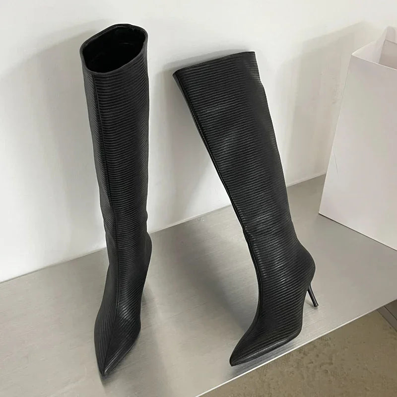 LBSFY -Sexy Gingham Pointed Toe Women Knee-High Boots High Quality Party Dress Modern Long Booties Thin Low Heels Shoes