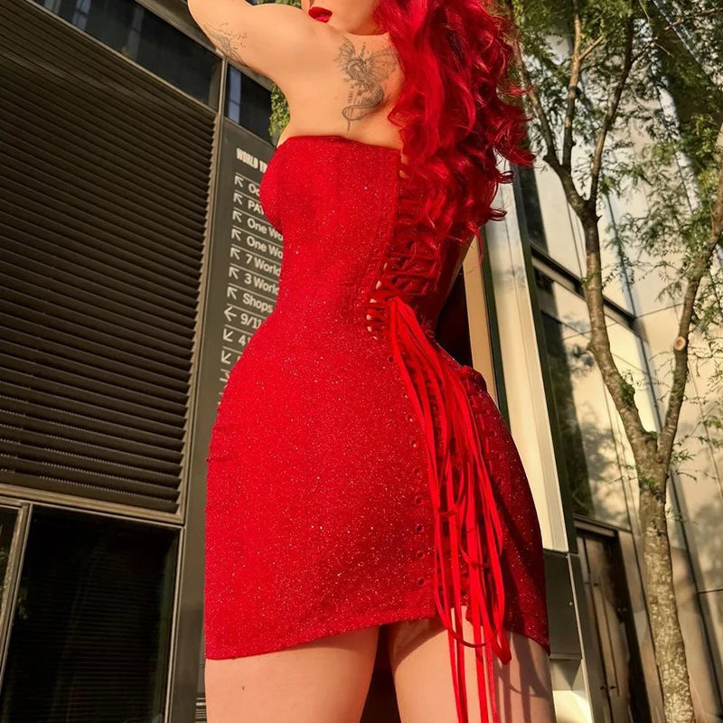 LBSFY  -  Women Elegant Shiny High Waist Slim Short Dress Fashion Bandage Backless Mini Dress Sexy Off Shoulder Strapless Club Party Dress