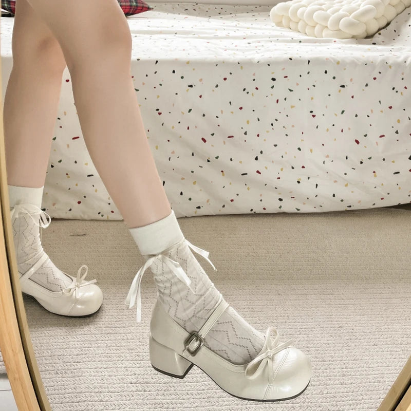 LBSFY -Ballet Style Butterfly-knot Mary Jane Shoes for Women Concise Dress Thick Heel Ladies Footwear