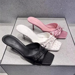 LBSFY -Summer 2025 New Comfortable Low Heel Square Head Sandals Sweet Bow Silk Thick Heel Slippers for Ladies Outwear Blue Slides