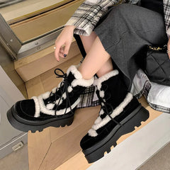 LBSFY  -  Outdoor Casual Winter Warm Women Snow Ankle Boots Platforms Cow Suede Leather Lace-Up Wool Shoes Woman Office Ladies