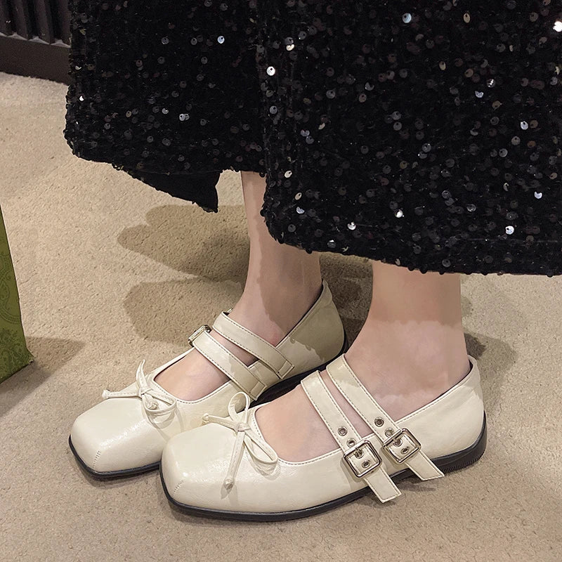 LBSFY -New Style Women's Square Toe Shoes Luxury Bow Flats Ladies Ballet Silver Belt Buckle Footwear Elegant Fashion Mary Jane Shoes