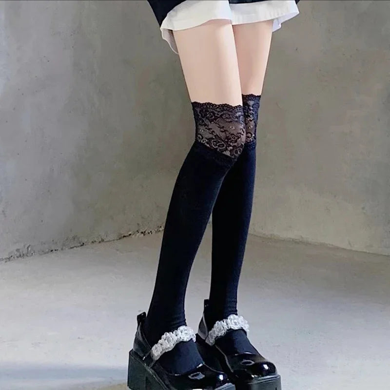 Lbsfy Boot Socks Autumn/Winter Solid Color Thigh High Lace Cute Lolita Thick Warm Stockings Sexy Black White Long Leg Socks for Women