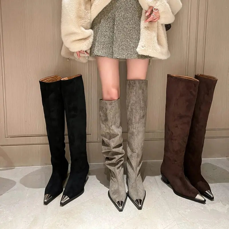 LBSFY  -  2024 New Faux Suede Women's Boots Pointed Toe Block Mid Heels Over The Knee Boots Fashion Ladies Thigh Long Boots