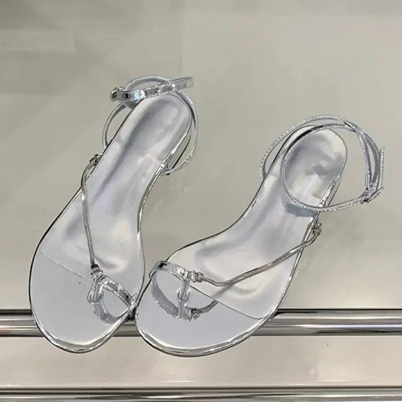 LBSFY -Summer Fashion Clip Toe Sandals Women Buckle Strap Thin Low Heels Chain Narrow Band Silver Party Dress Shoes