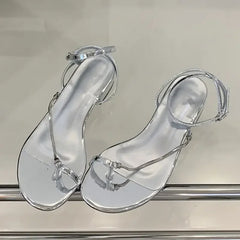 LBSFY -Summer Fashion Clip Toe Sandals Women Buckle Strap Thin Low Heels Chain Narrow Band Silver Party Dress Shoes
