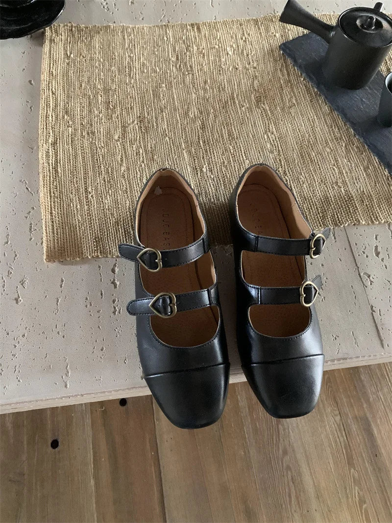LBSFY  -   Ballerinas Zapatos Mujer Round Toe PU Leather Buckle Mary Janes Shoes Brown Ballet Flats