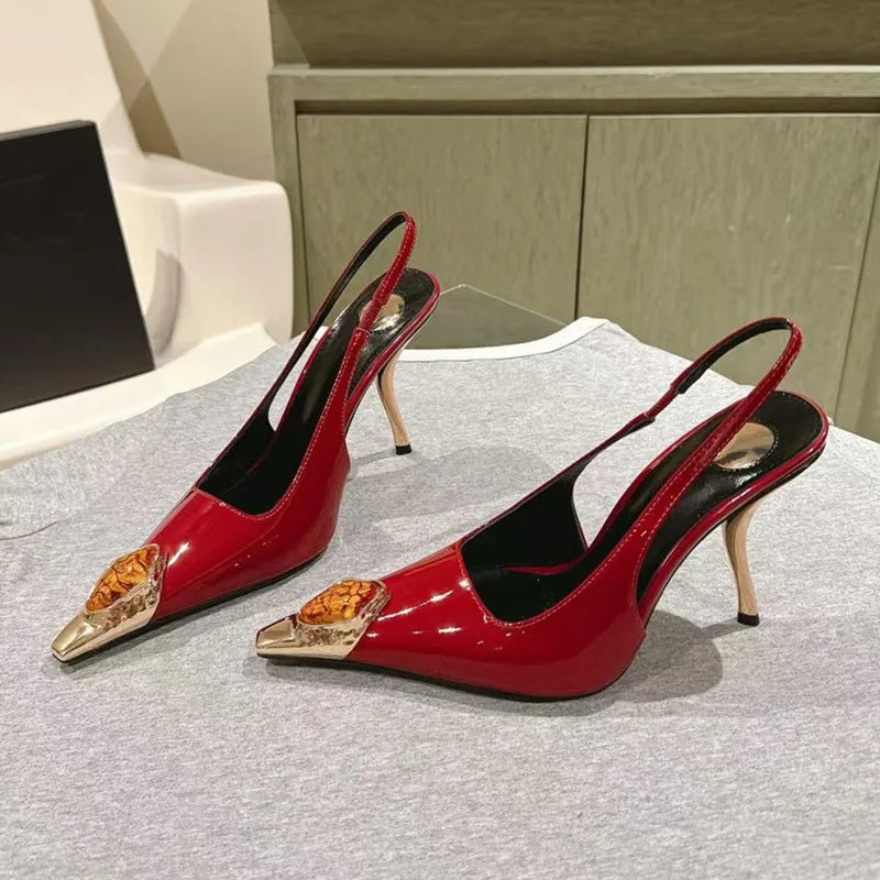 LBSFY  -  Star style Gemstone Metal Toe Patent Leather Women Pumps Fashion Stiletto High heels Spring Autumn Slingbacks Party Dress Shoes