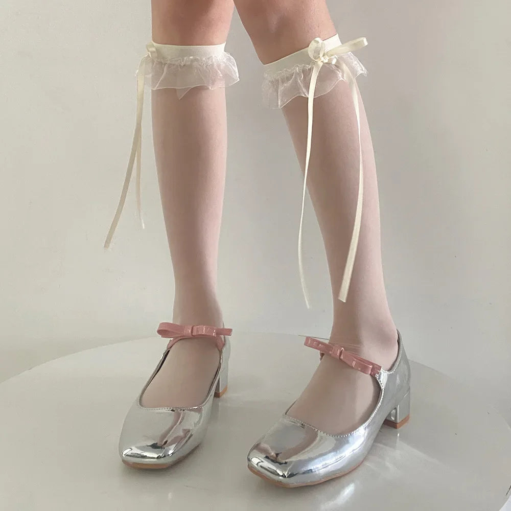 Lbsfy Lolita Girls Long Socks Summer Ultra-thin Transparent Nylon Stockings Sweet Cute JK Lace Ruffle Knee Socks Ribbon Bow Stockings