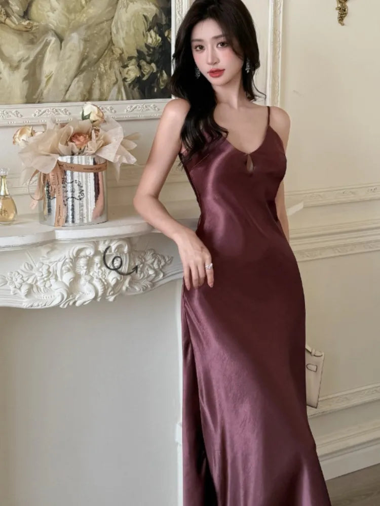 LBSFY -Summer Spring Satin Womens Dresses Sexy Spaghetti Strap V-neck Evening Party Long Dress Slim Waist Vestidos Robe Female Clothes