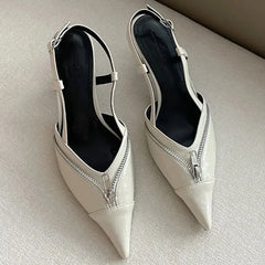 Lbsfy Pointed Toe Mules Pump Women Zip Design Slingbacks High Heels Female Footwear Fashion Summer Elegant Brand Shoes Women