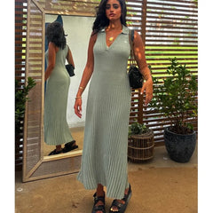 LBSFY -fit V-neck sleeveless long dress turn down collar tight green knitting summer dress simple casual female clothing