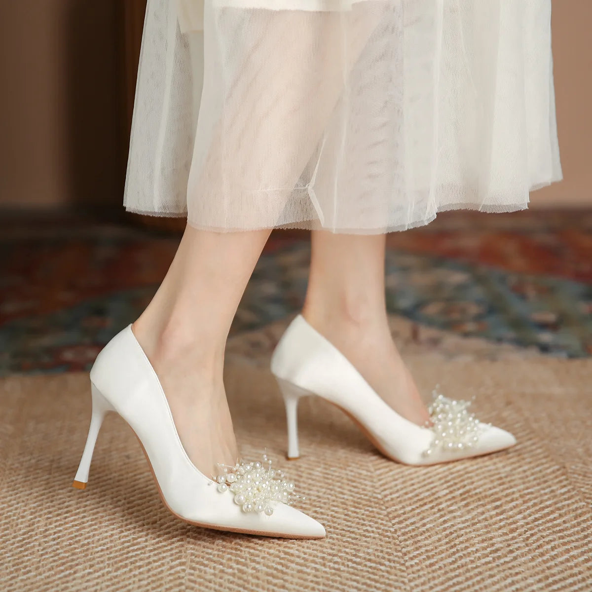 LBSFY  -  30-43 Summer Rhinestone Pearls White Wedding Shoes Women Sexy Pointed Satin High Heels Pumps Stiletto Bride Shoes