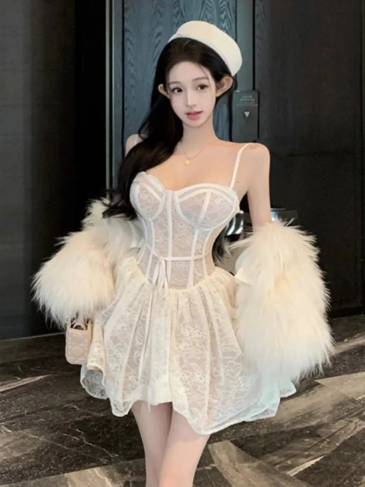 LBSFY -Y2K Sweet Lace Mini Dress Sexy Spaghetti Straps Lace-up A-Line Princess Birthday Party Dresses Female Prom Short Vestidos Mujer
