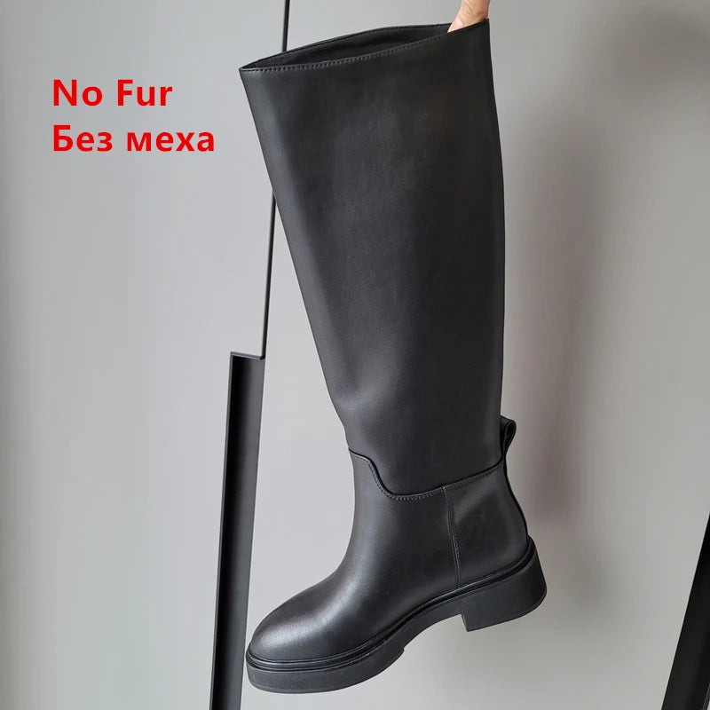 LBSFY  -  2024 Ins Genuine Leather Knee High Boots For Women Thick Heeled Autumn Winter Warm Shoes Woman High Motorcycle Boots