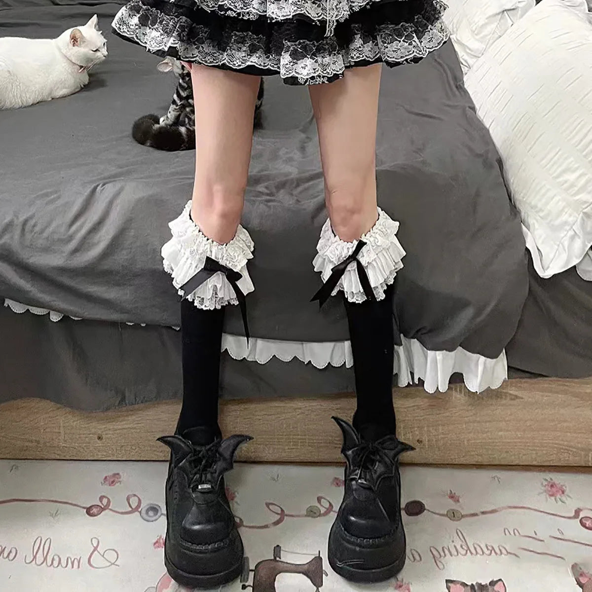 Lbsfy Women Socks Spring Summer Gothic Sweet Style JK Lolita Cute Kawaii Mullet Lace Soild Color Mid-tube Knee High Girls Like Socks