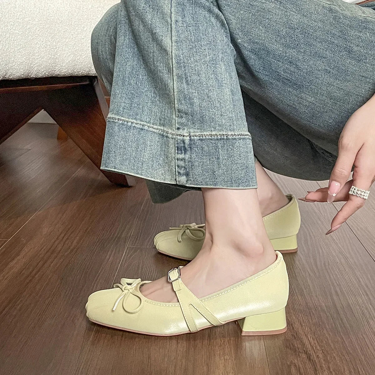 LBSFY -French Style Mary Jane Shoes Women's Evening Wind Butterfly Knot One Strap Ballet Flat Mid Heel Leather Casual Shoes