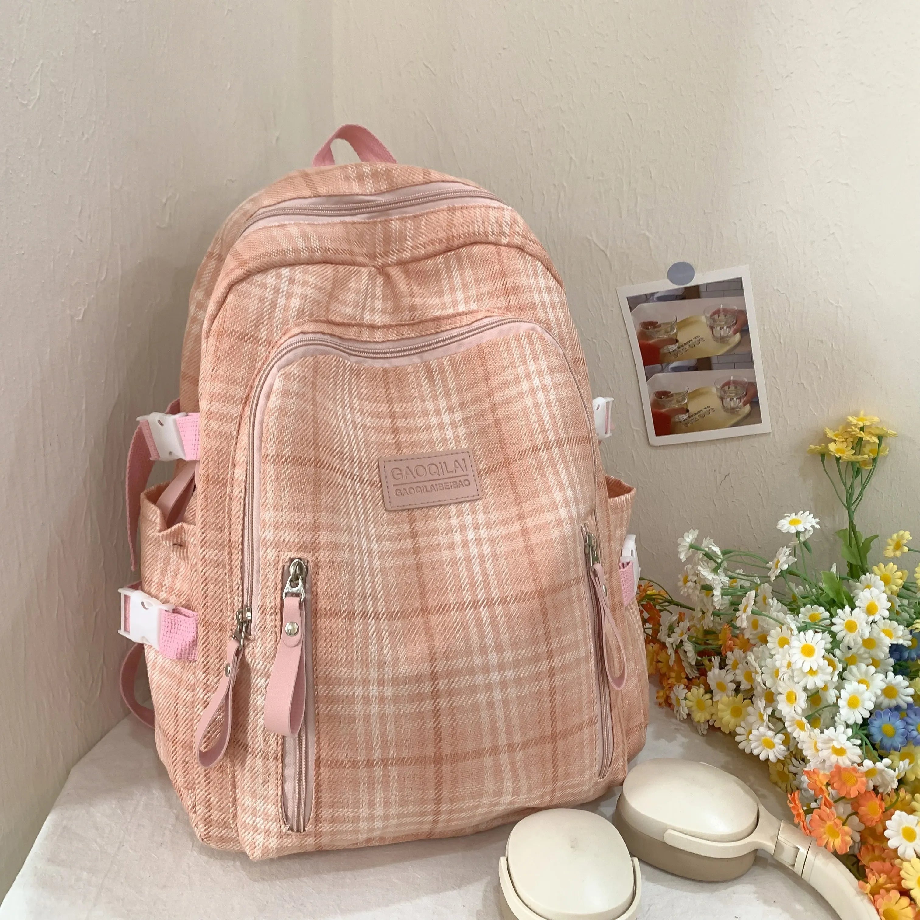 LBSFY -Casual Backpack, Trendy Brand Cotton and Linen Checkered Design School Bag, Good-Looking, Large-Capacity Lightweight Backpack for Junior High School and College Students
