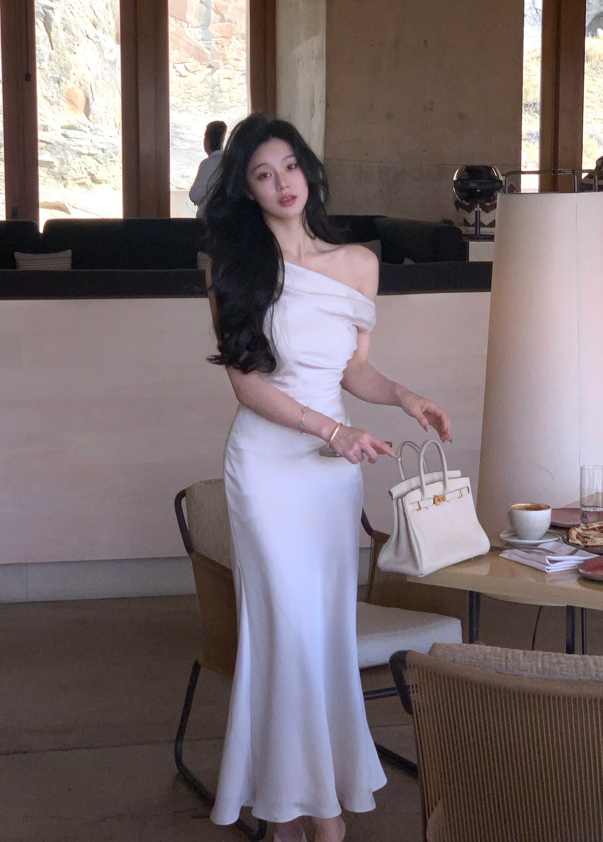 LBSFY -Elegant French Chic Satin Women's Dresses Solid Pleated Slim Waist Inclined Shoulder Mermaid Dress 2025 New Summer Evening Party