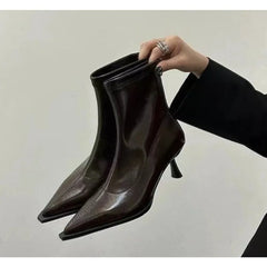 LBSFY -Women's Sexy Pointed Toe Ankle Boots Vintage Autumn New Fashion High Heels Patent Leather Skinny Boots Women Brown Short Booties