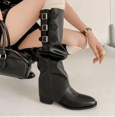 LBSFY  -  Hot Girls Brown Black Real Cow Leather Belt Buckles Round Toe Rivet Slip On Knee High Boots 4 CM Med Heels Two Ways Wear Boots