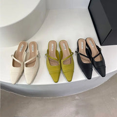 LBSFY  -  Pointed Toe Women Slippers Mixed Solor Color Flat Heels Shallow Slip On Casual Slides Mules Shoes Black Beige Green Slippers